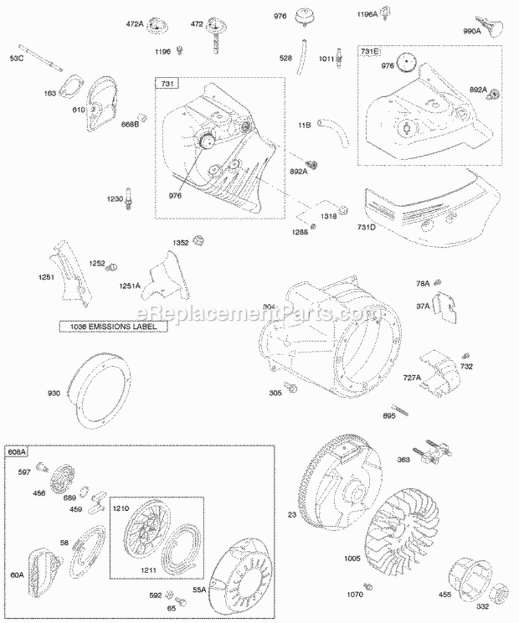 Blower HousingShrouds Flywheel Rewind Starter Diagram and Parts List for 21C214-0111-E1  Briggs and Stratton Engine